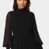 Long Sleeve Mock Neck Chifon Smocked Mini Dress